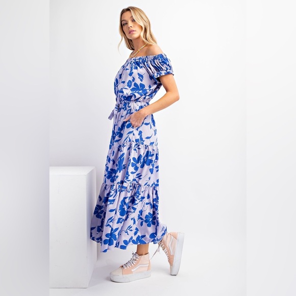 NEW Easel Floral Print Off Shoulder Challis Maxi Dress Sz S Tie Waist Sundress - Picture 2 of 10